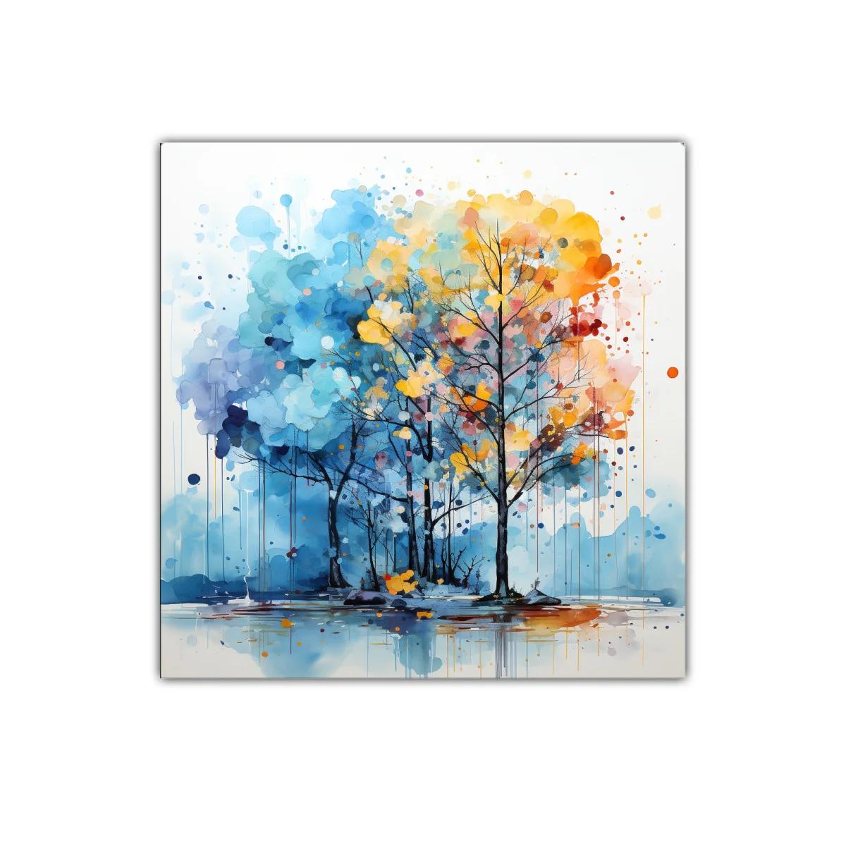 Bosque en colores vibrantes con contraste azul y dorado — imagen principal