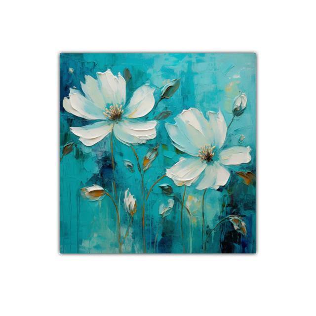 Cuadro floral con flores blancas sobre fondo azul turquesa