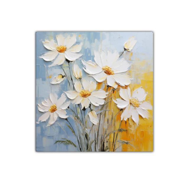 Cuadro con ramo de flores blancas y fondo azul y amarillo