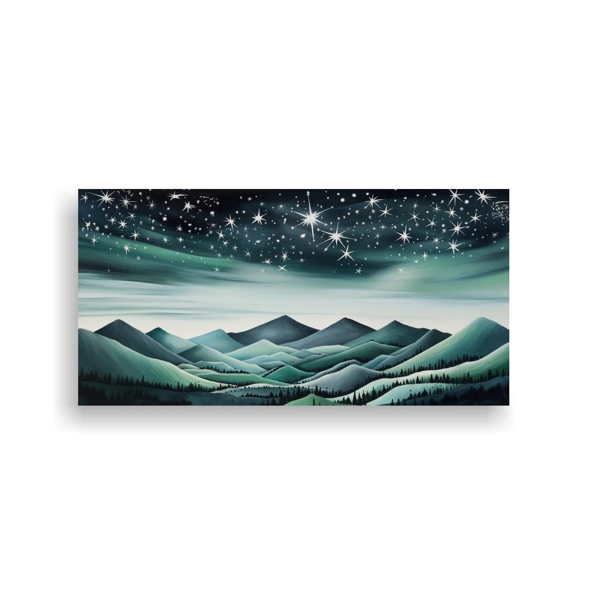 Cuadro cordillera de montañas con cielo estrellado y franjas luminosas
