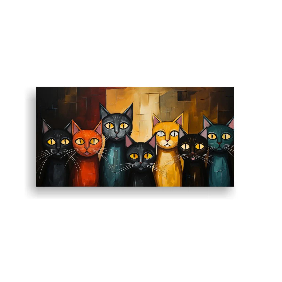 Cuadro seis gatos con ojos amarillos y fondo geométrico
