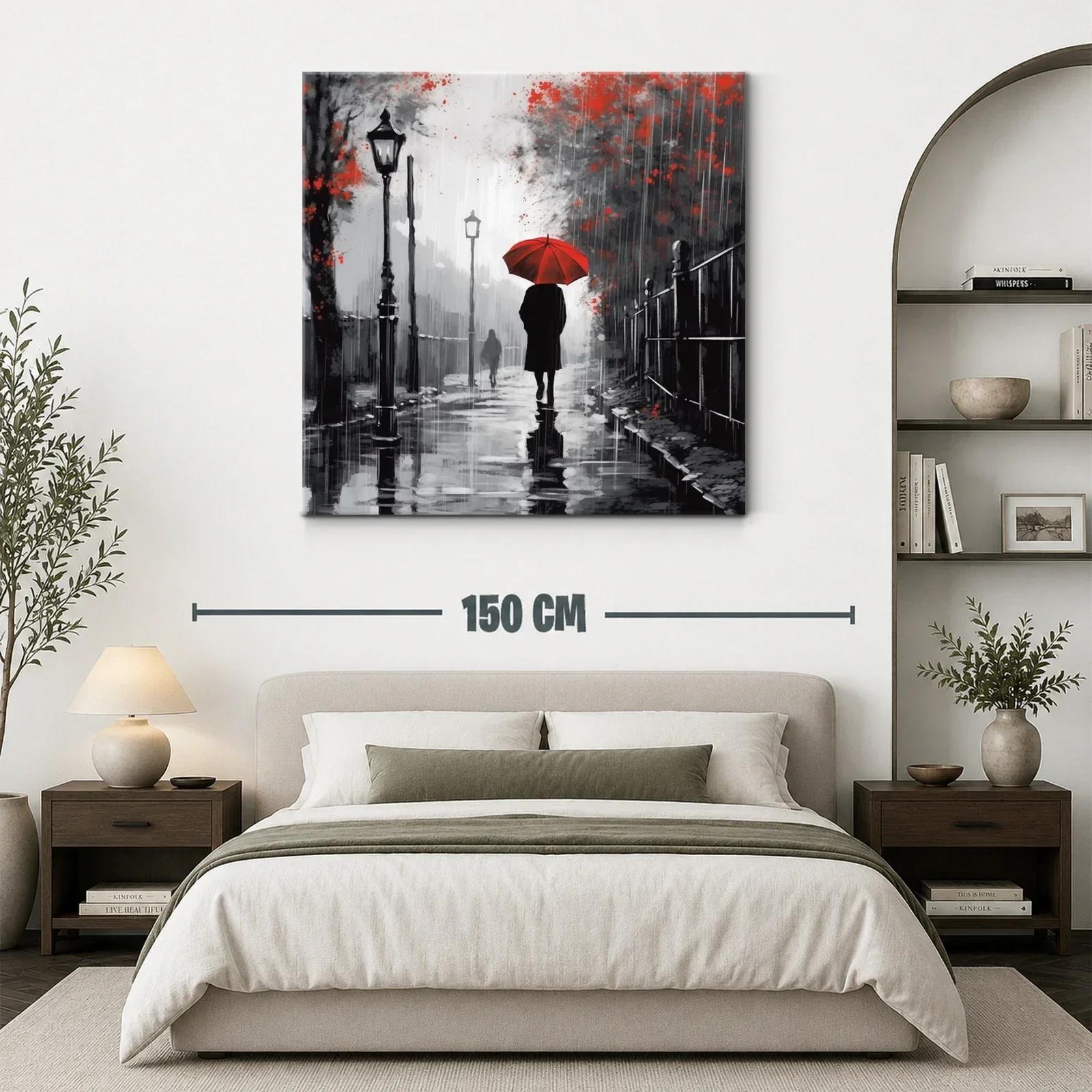 Camino bajo la lluvia con paraguas rojo brillante — miniatura 3