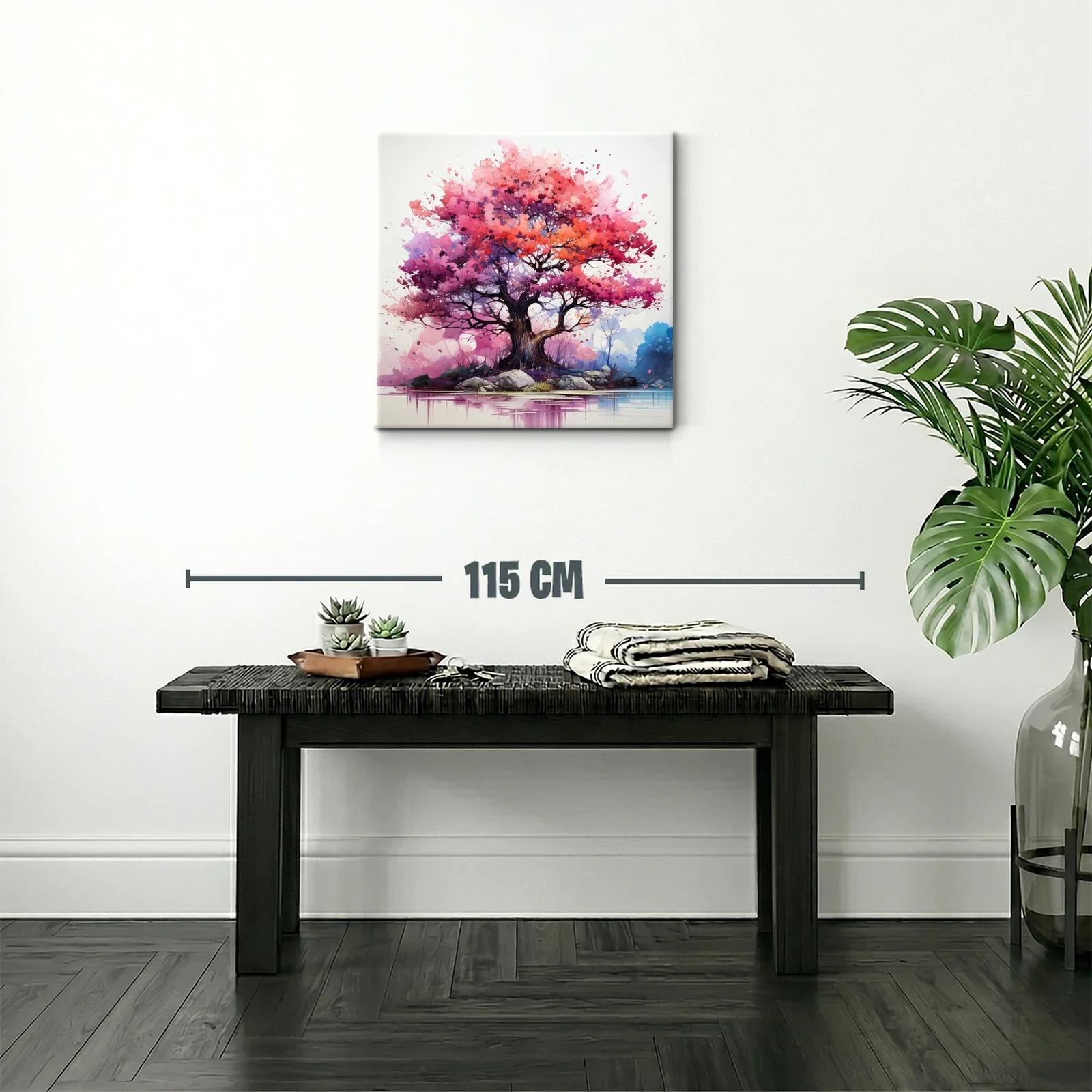 Árbol vibrante con tonos rosas y púrpuras sobre lago tranquilo — miniatura 2