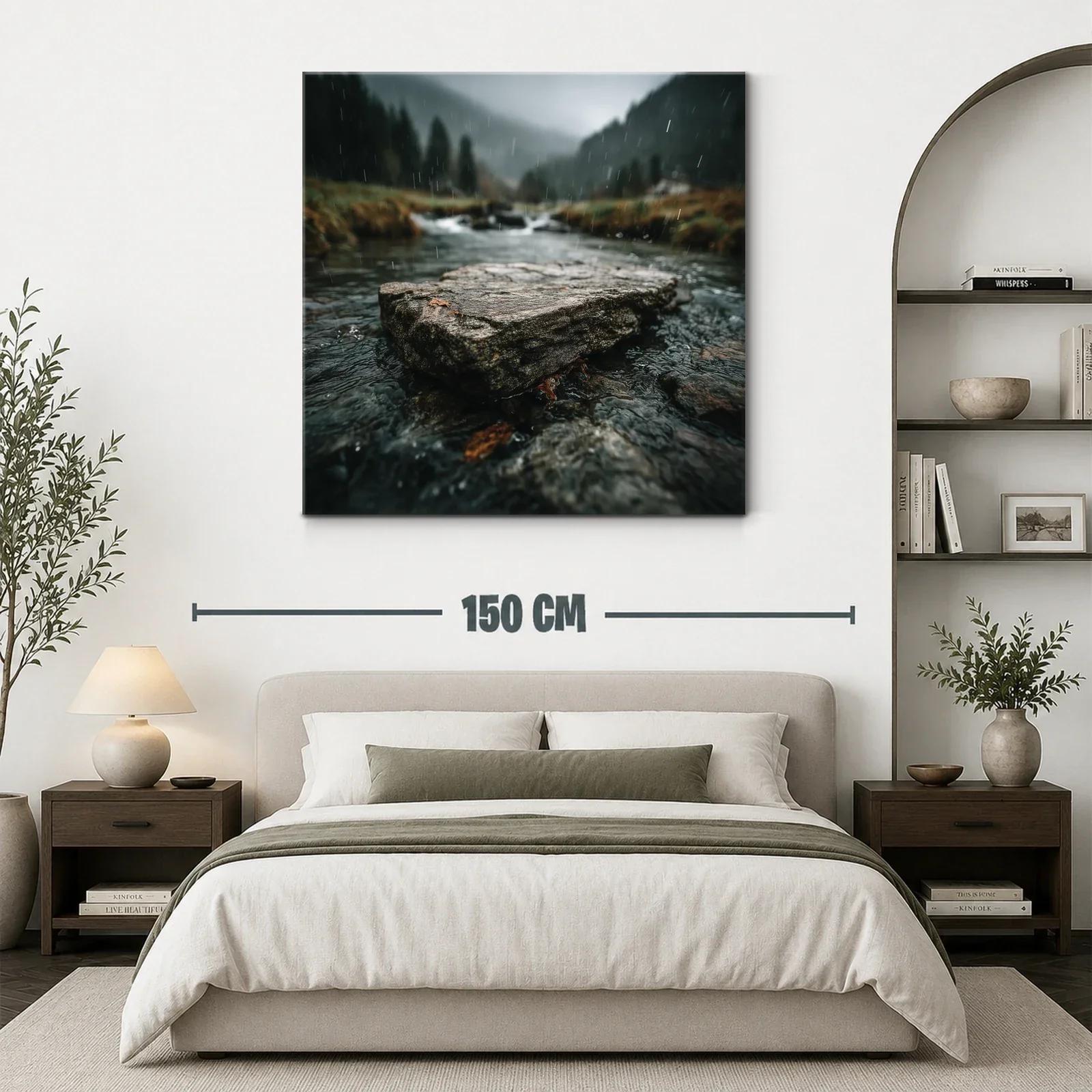 Paisaje natural con río y lluvia en tonos verdes y grises — miniatura 3