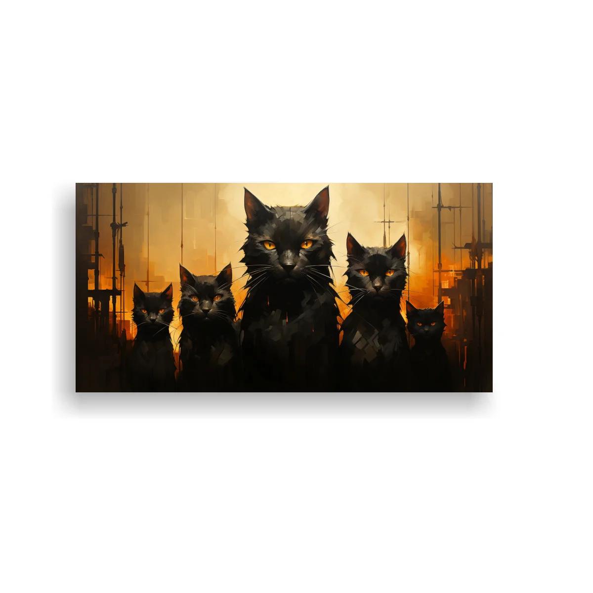 Cuadro grupo de gatos negros con ojos brillantes y fondo urbano cálido — imagen principal