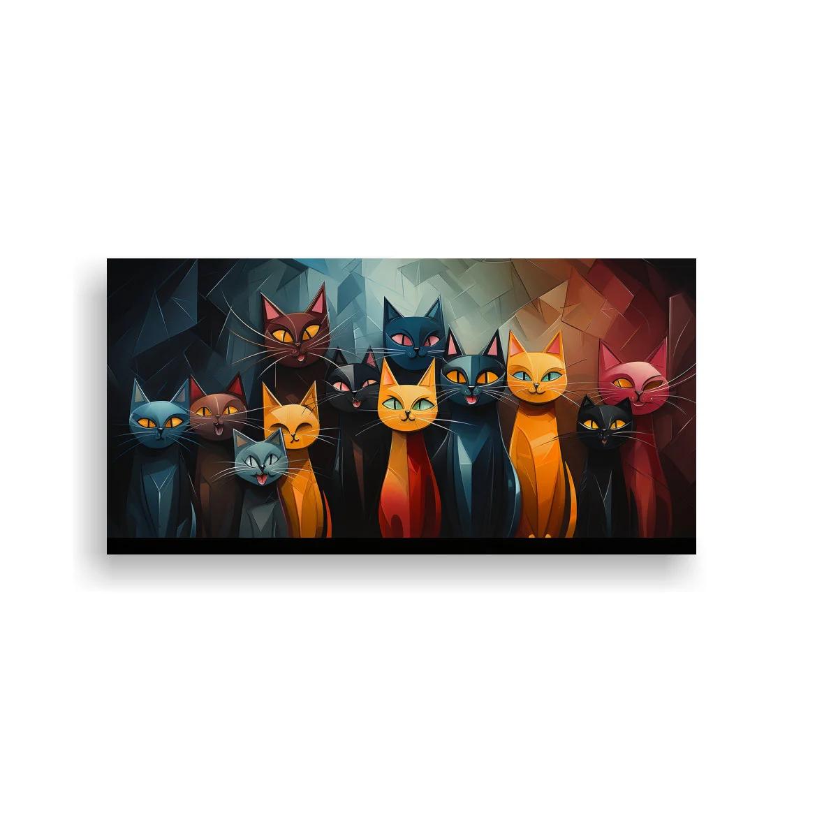 Cuadro grupo de gatos geométricos sobre fondo facetado