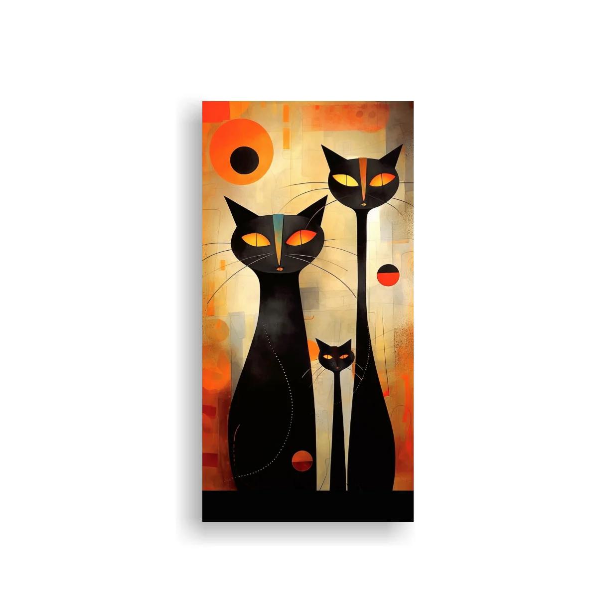 Cuadro tres gatos negros con sol rojo
