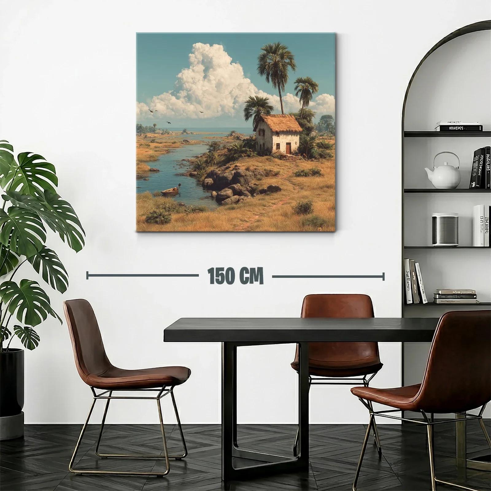 Paisaje rural con casa junto al río y palmeras altas — miniatura 2
