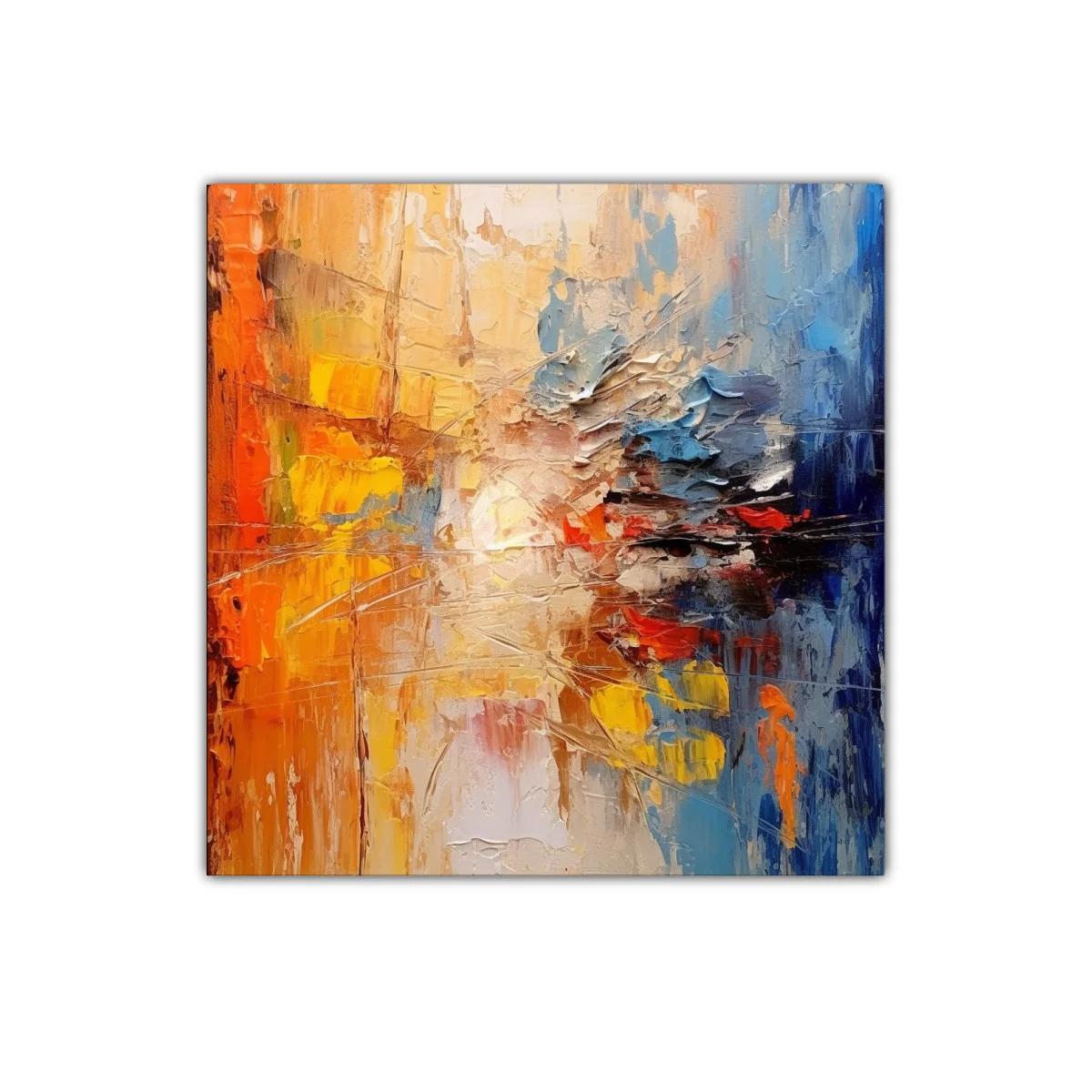 Cuadro abstracto con vibrantes contrastes en tonos cálidos y fríos