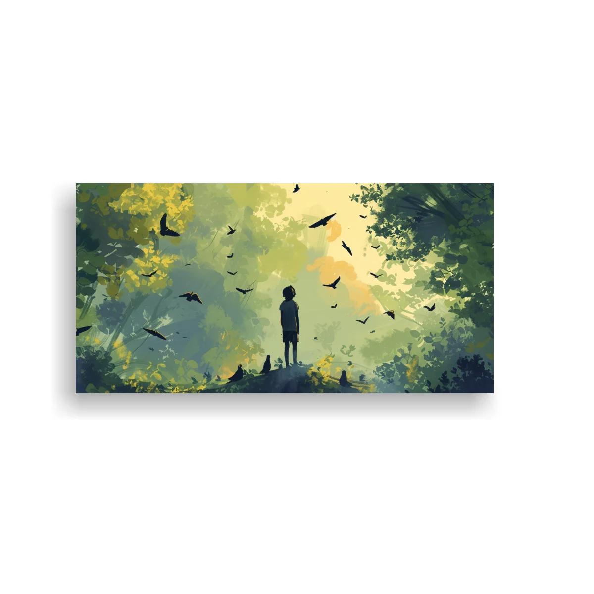 Cuadro figura humana en el bosque con aves volando