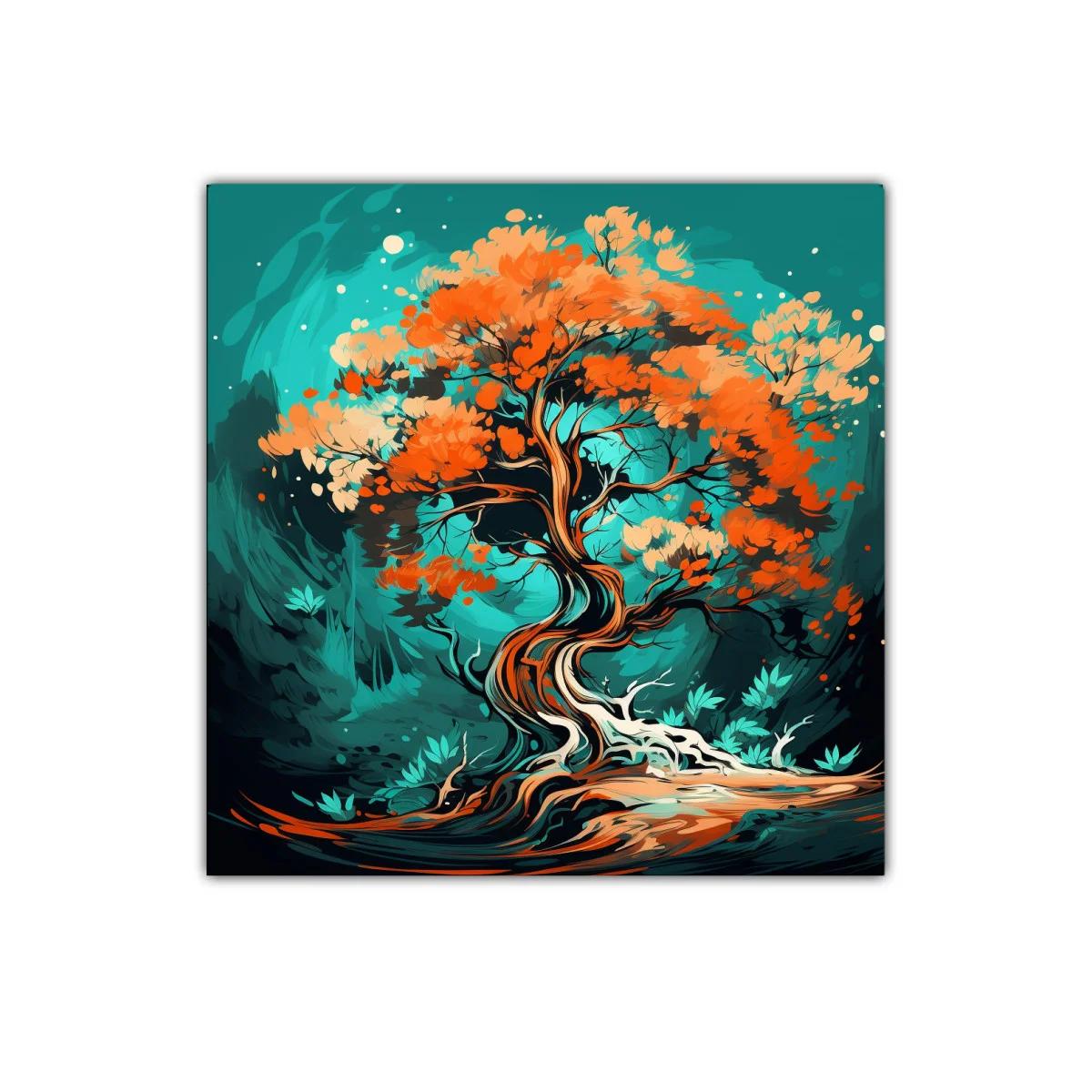 Árbol Abstracto con Hojas en Tonos Cálidos y Fondo Turquesa — imagen principal