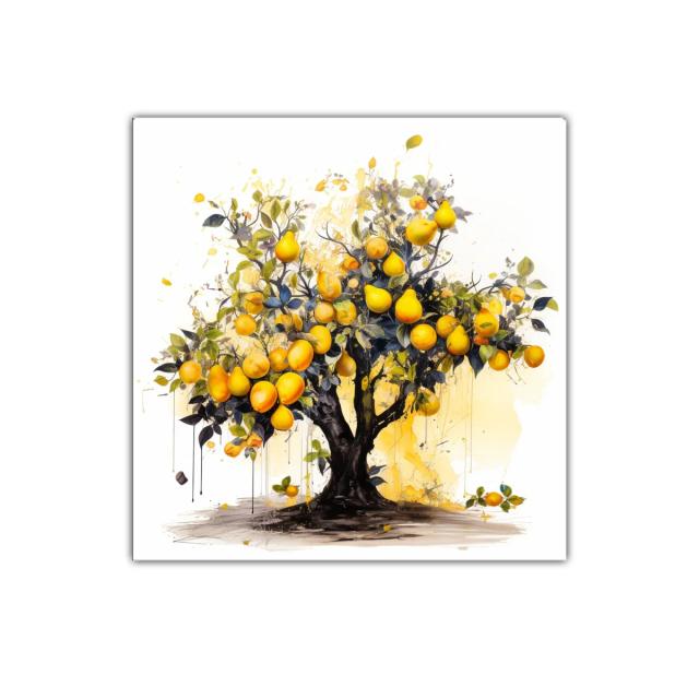 Árbol frutal vibrante con frutos dorados y hojas verdes