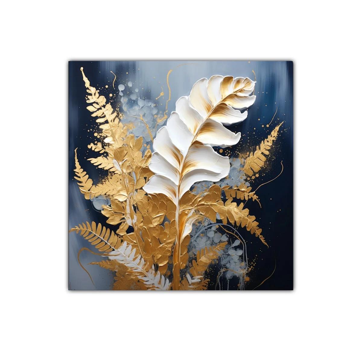 Cuadro decorativo hojas doradas sobre fondo azul oscuro