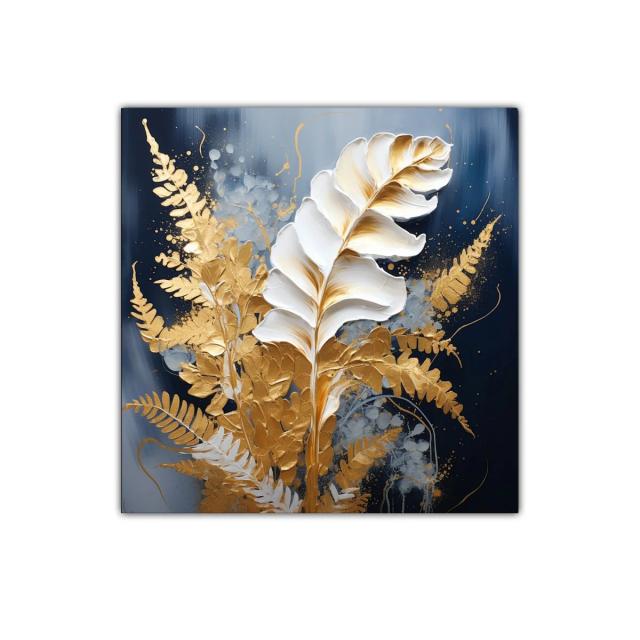 Cuadro decorativo hojas doradas sobre fondo azul oscuro