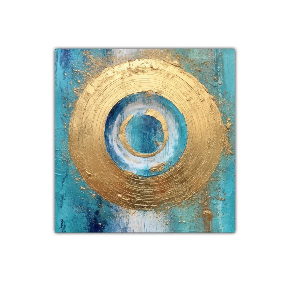 Cuadro abstracto con círculos dorados y fondo turquesa