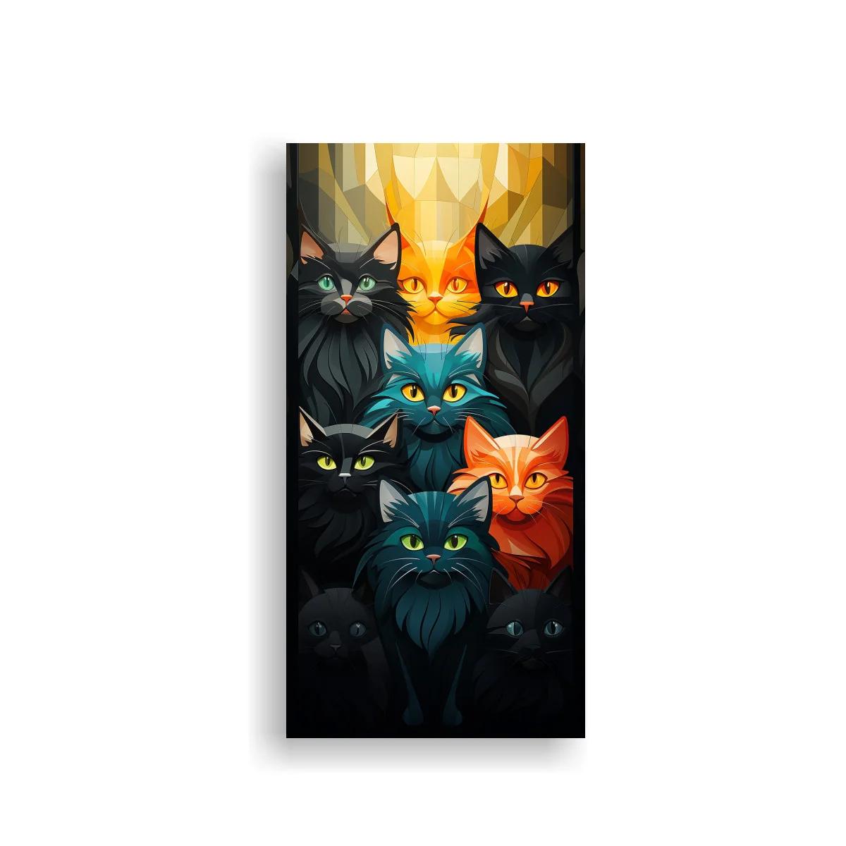 Cuadro grupo de gatos de colores con luz dorada