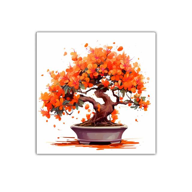 Cuadro decorativo con bonsái de flores naranjas vibrantes