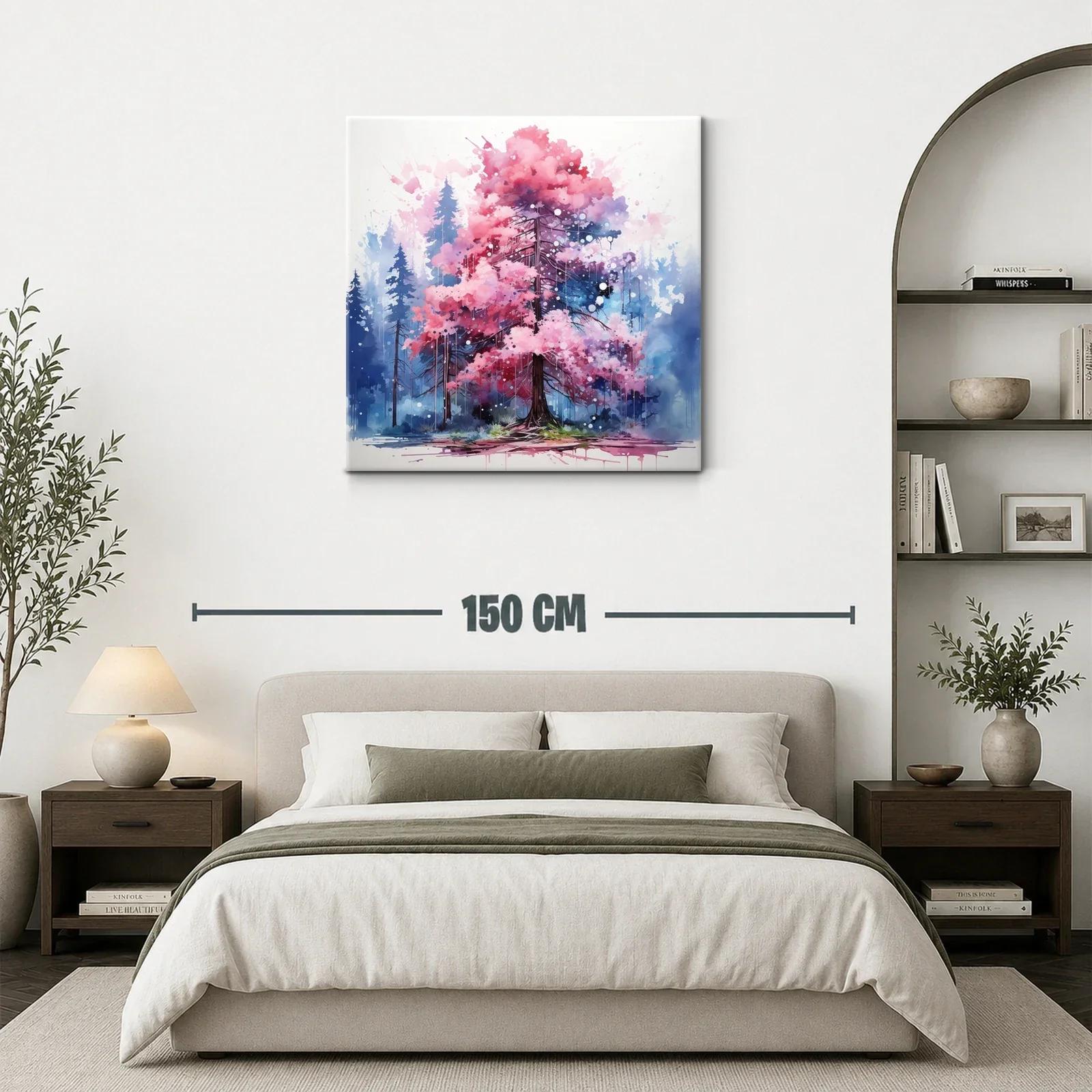 Árbol rosa vibrante en bosque azul nebuloso — miniatura 3