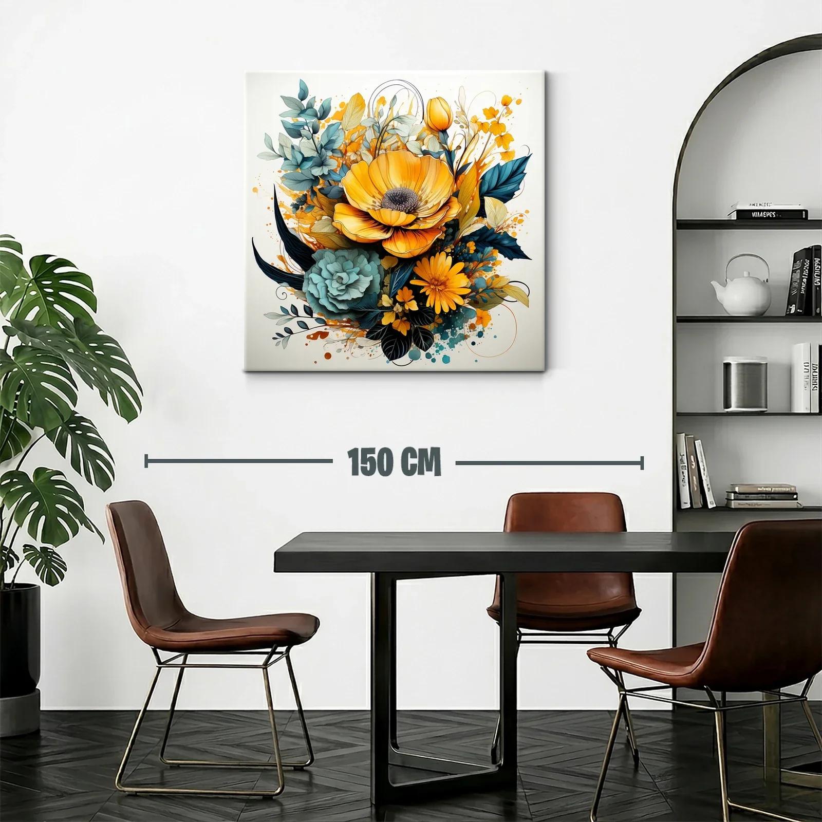 Cuadro floral vibrante con tonos amarillos y verdes azules — miniatura 2