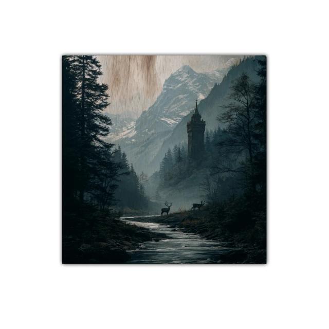 Paisaje montañoso con torre mística y ciervos al amanecer