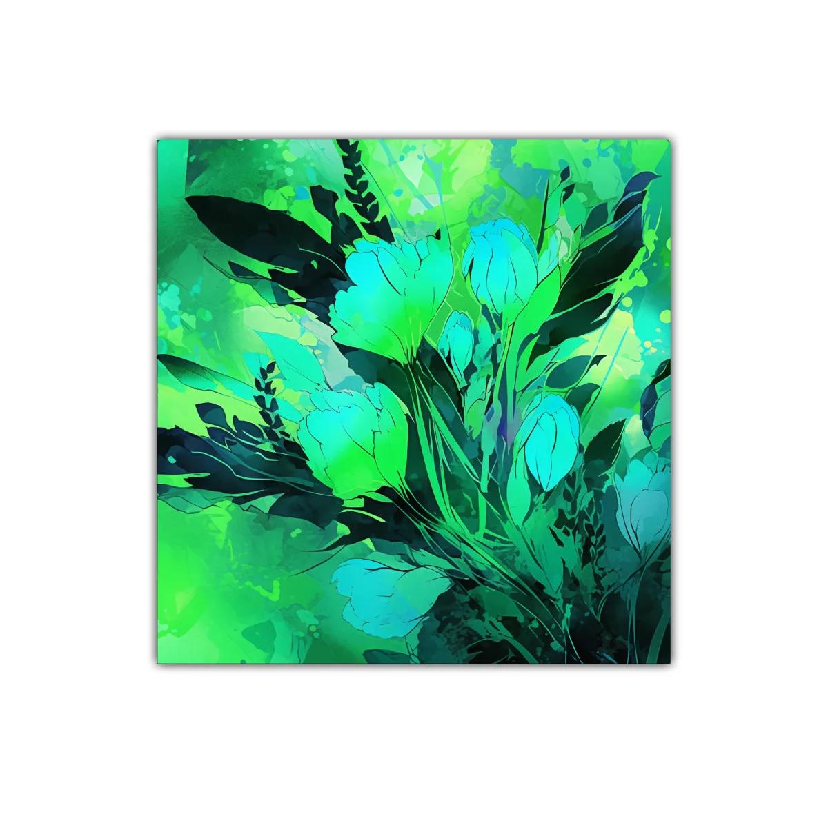 Cuadro decorativo con flores en tonos verdes y azules