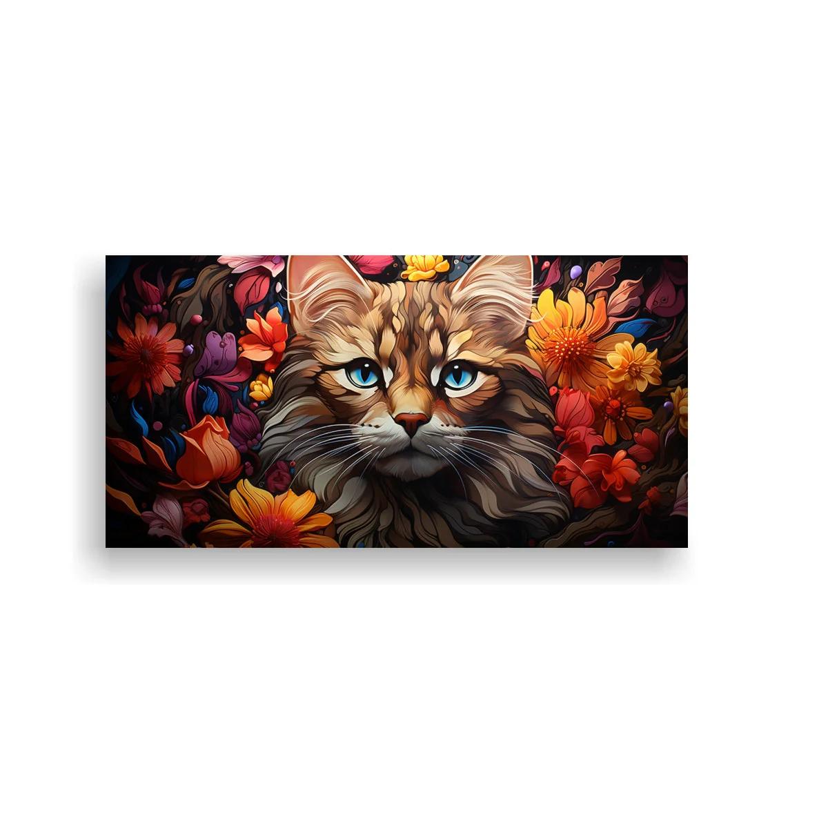 Cuadro gato de pelo largo con fondo oscuro y flores vibrantes