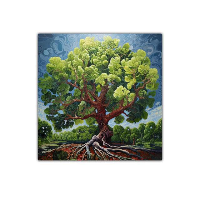 Árbol vibrante con raíces expuestas y follaje exuberante