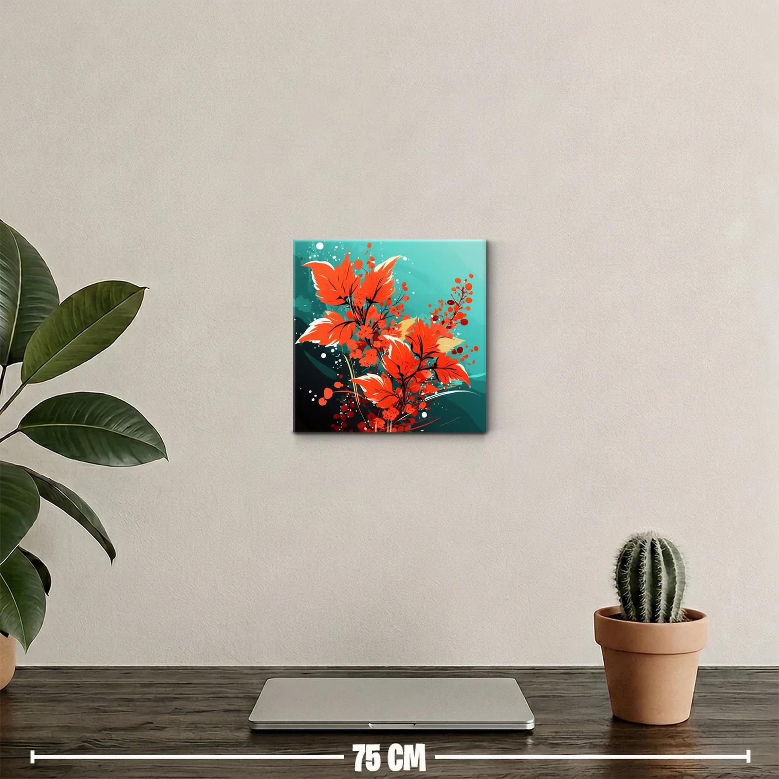 Cuadro moderno con hojas y flores en tonos rojos vibrantes — miniatura 2