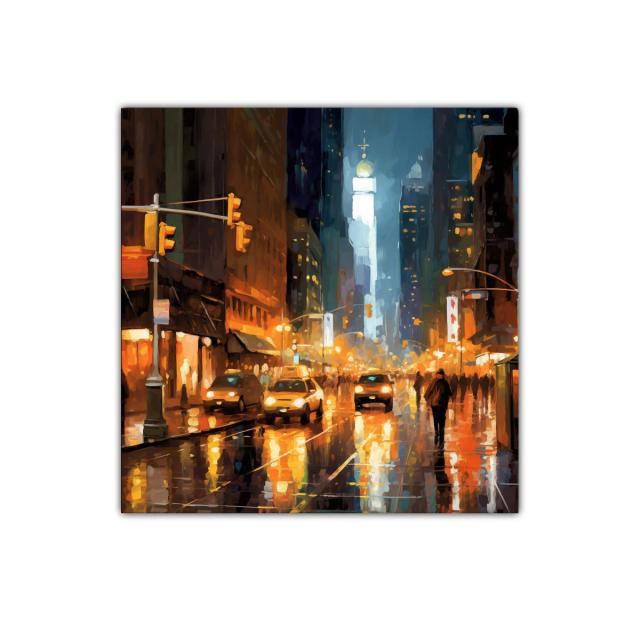 Atardecer vibrante en ciudad reflejada en lluvia urbana