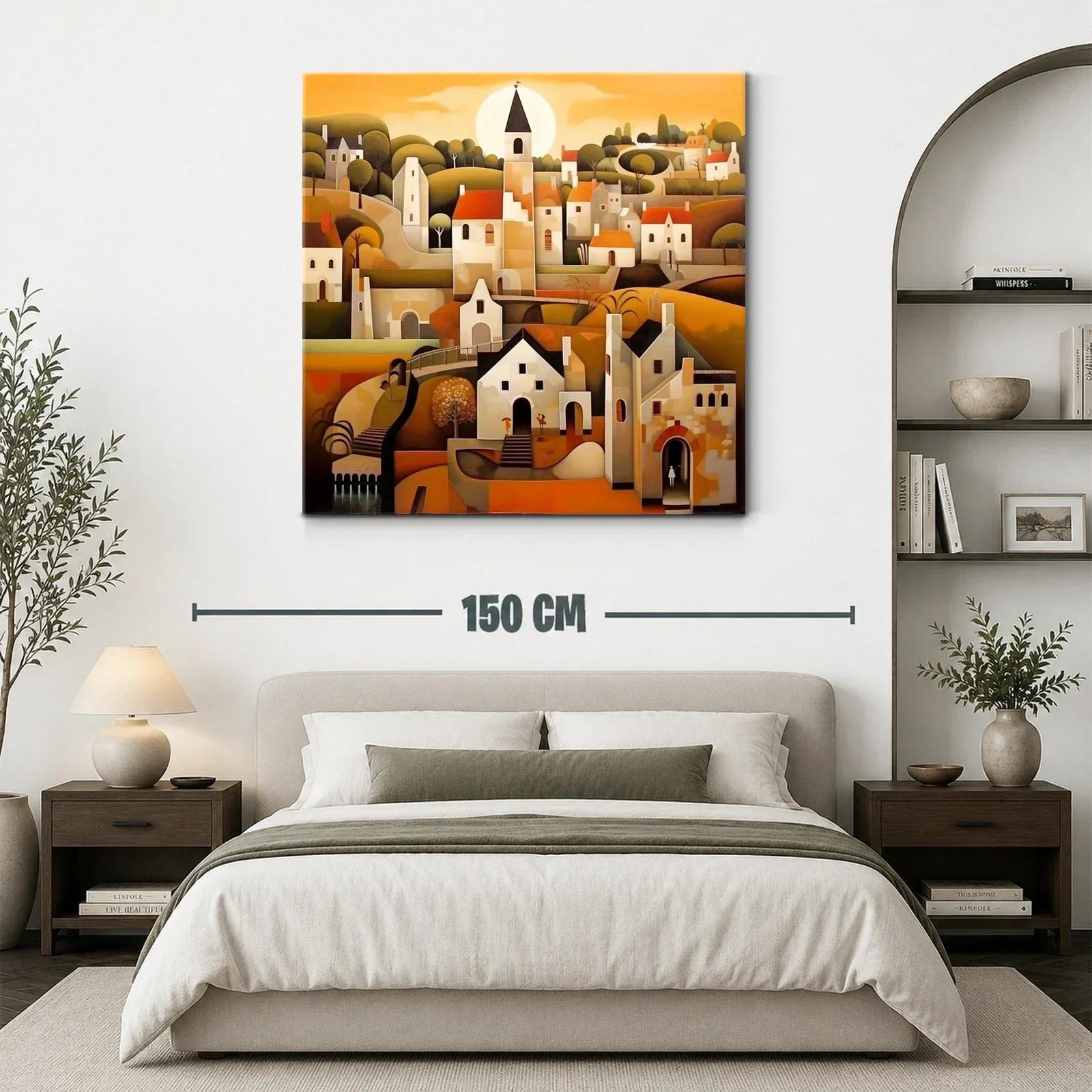 Paisaje urbano con casas y campanario al atardecer — miniatura 3