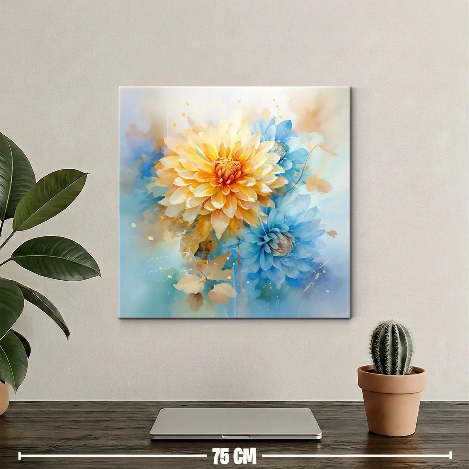 Cuadro floral con pétalos en tonos cálidos y azules suaves — miniatura 2