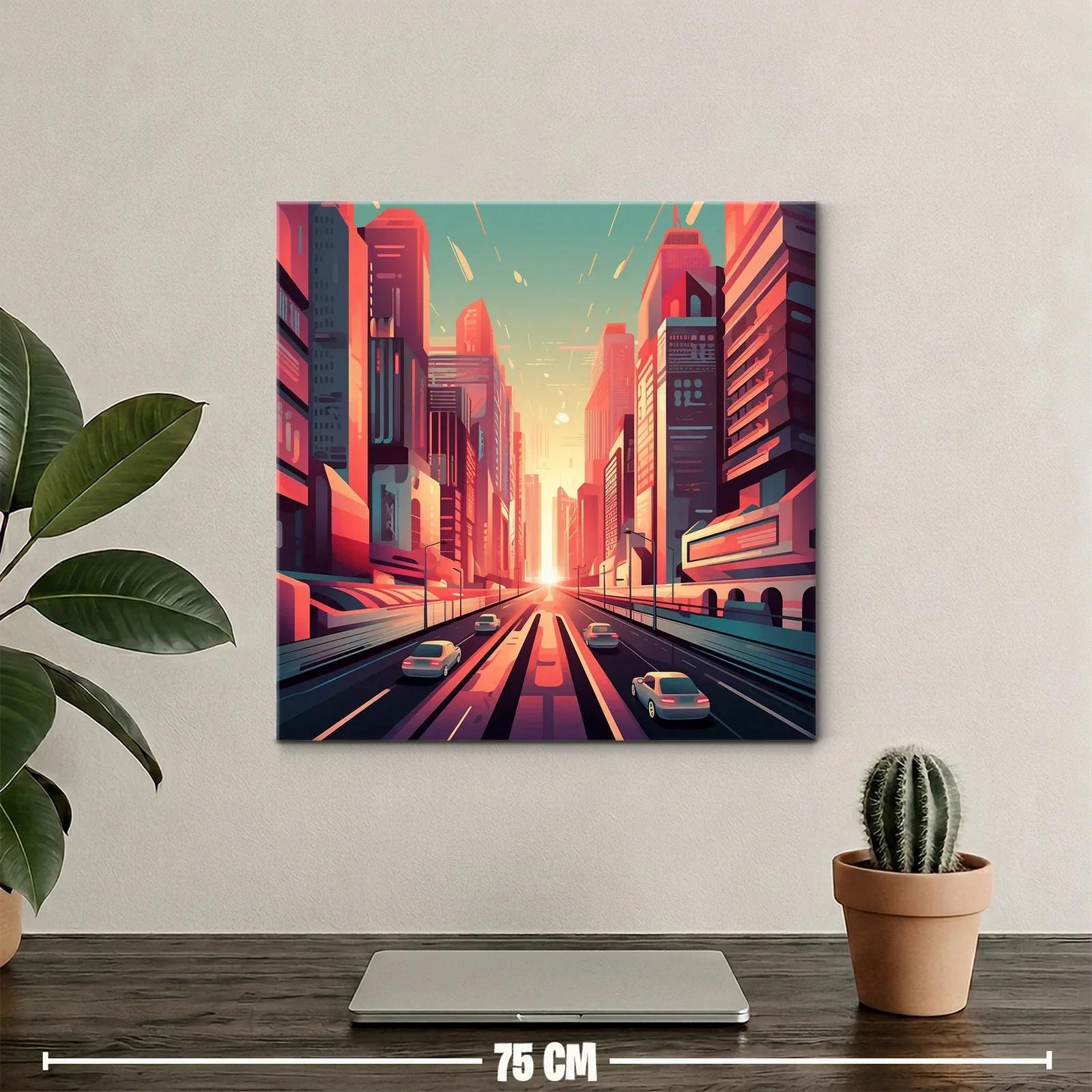 Ciudad futurista al atardecer con tonos cálidos y vibrantes — miniatura 2