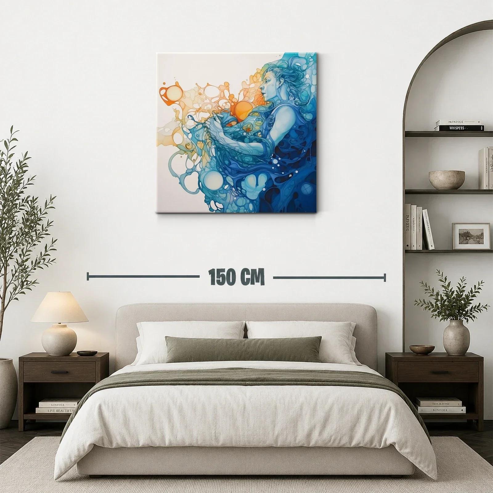 Figura femenina entre ondas fluidas en tonos azules y naranjas — miniatura 3