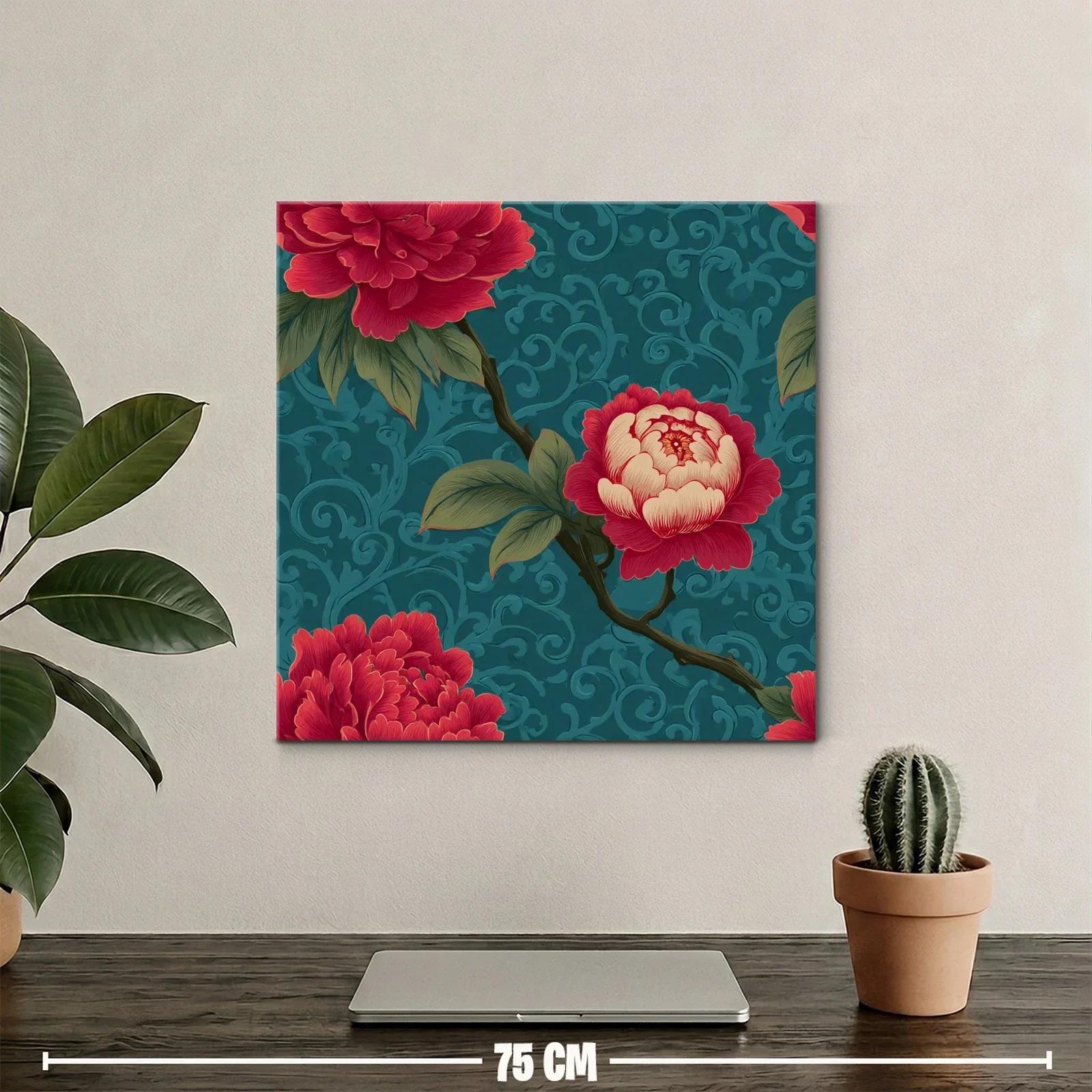 Cuadro floral con rosas rojas sobre fondo azul texturizado — miniatura 2
