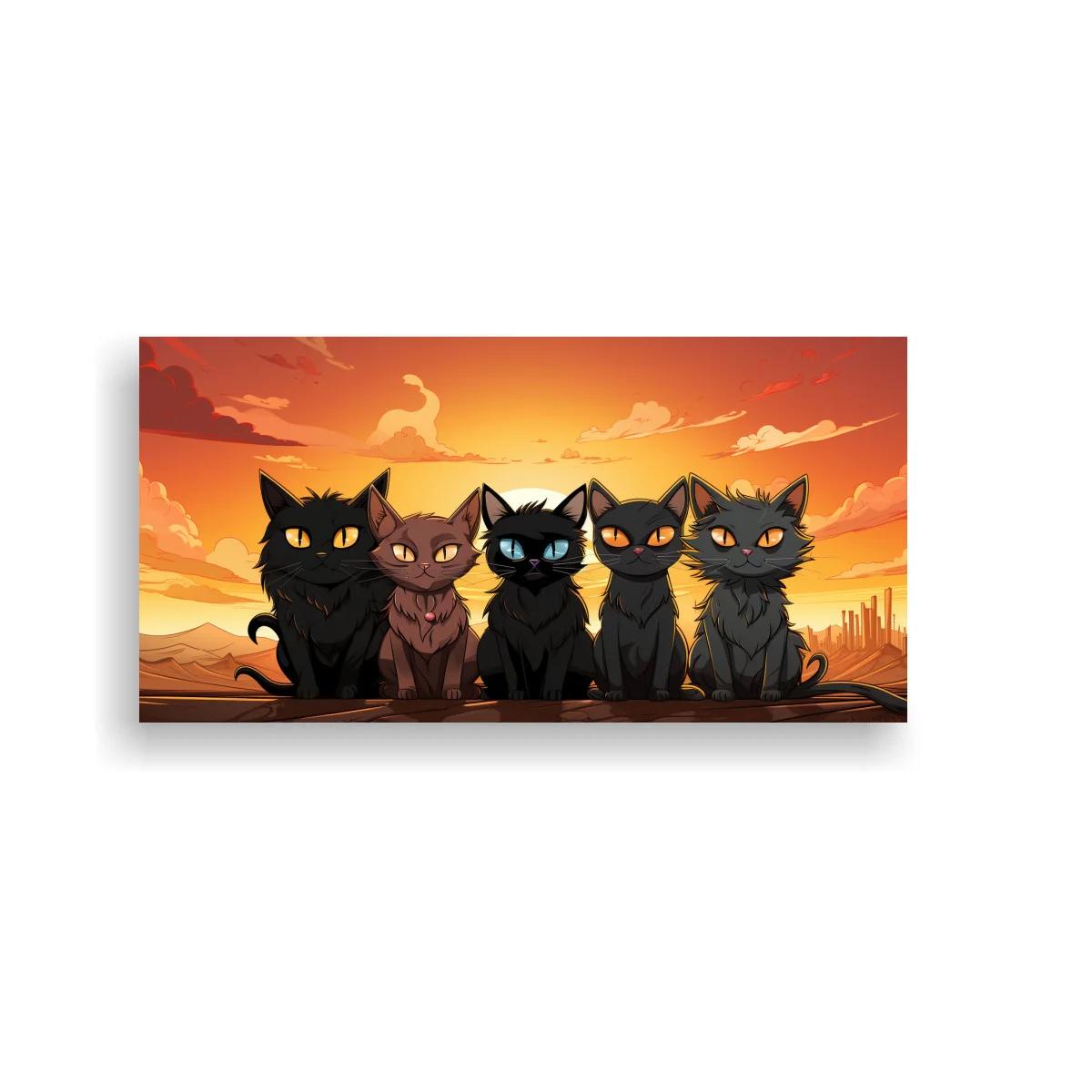 Cuadro cinco gatos sentados con atardecer urbano