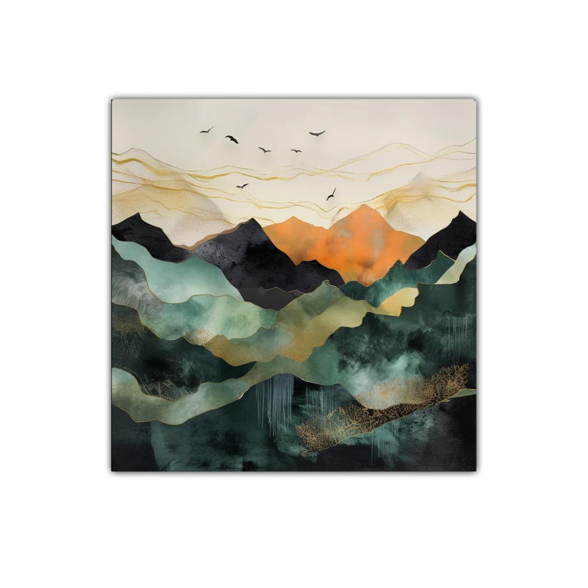 Paisaje abstracto con montañas y aves en tonos cálidos