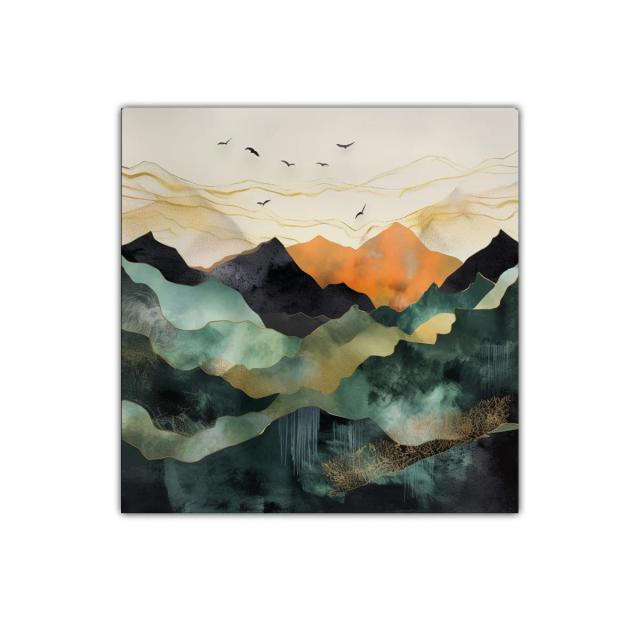 Paisaje abstracto con montañas y aves en tonos cálidos