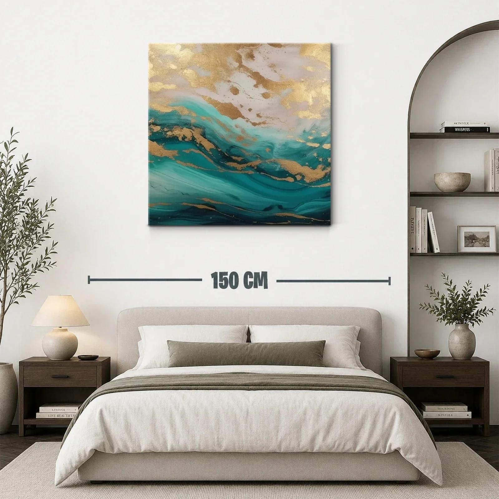 Cuadro abstracto con efecto dorado y tonos turquesa y azul — miniatura 3