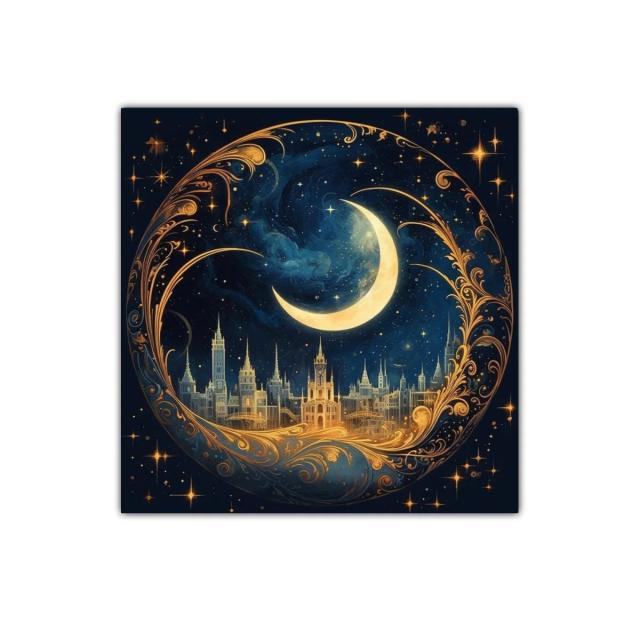 Cuadro decorativo ciudad encantada bajo luna creciente dorada