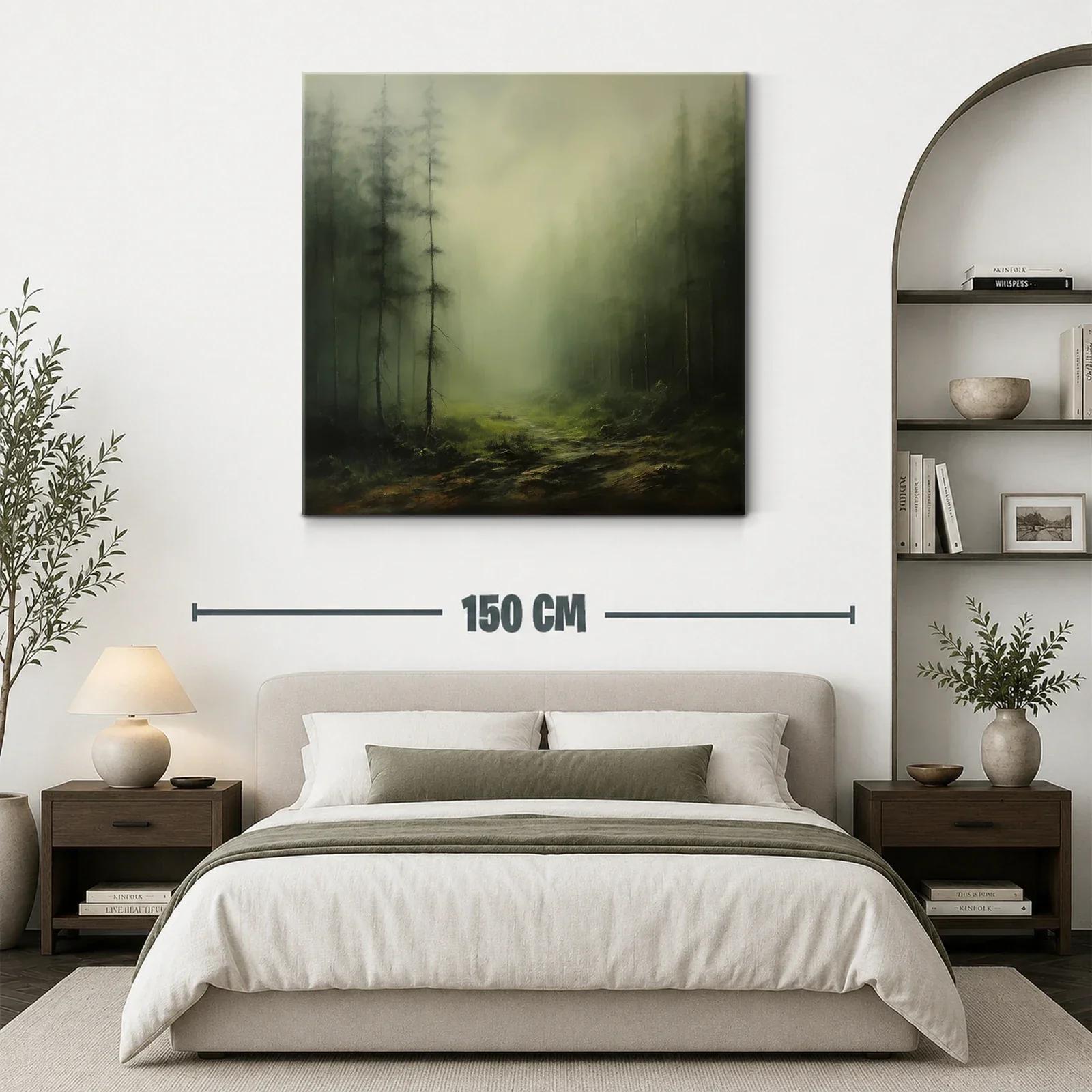 Paisaje nebuloso con bosque y camino en tonos verdes — miniatura 3