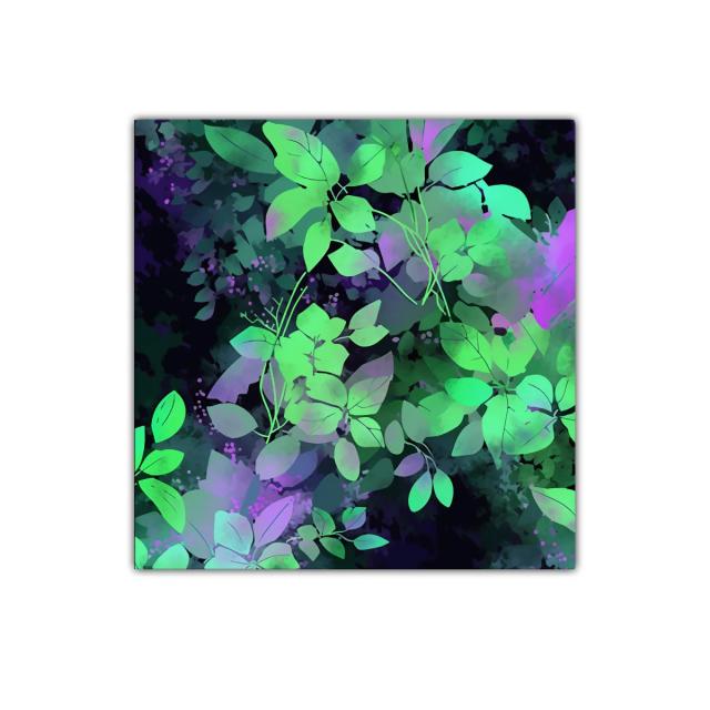 Cuadro decorativo con hojas verdes y fondo en púrpura oscuro