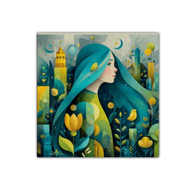 Retrato femenino en paisaje onírico con tonos verdes y amarillos