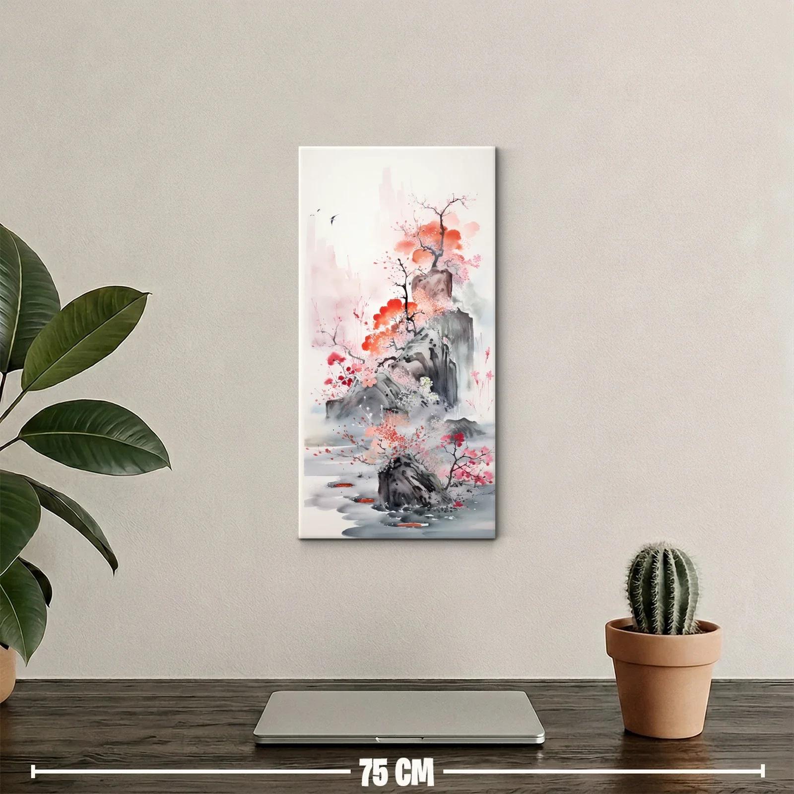 Cuadro árbol en flor entre rocas y agua con tinta brumosa — miniatura 2
