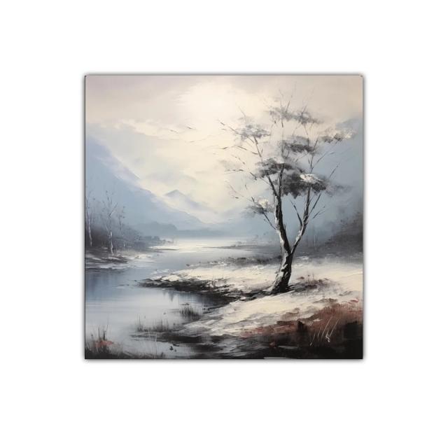 Paisaje con árbol solitario y lago en tonos suaves