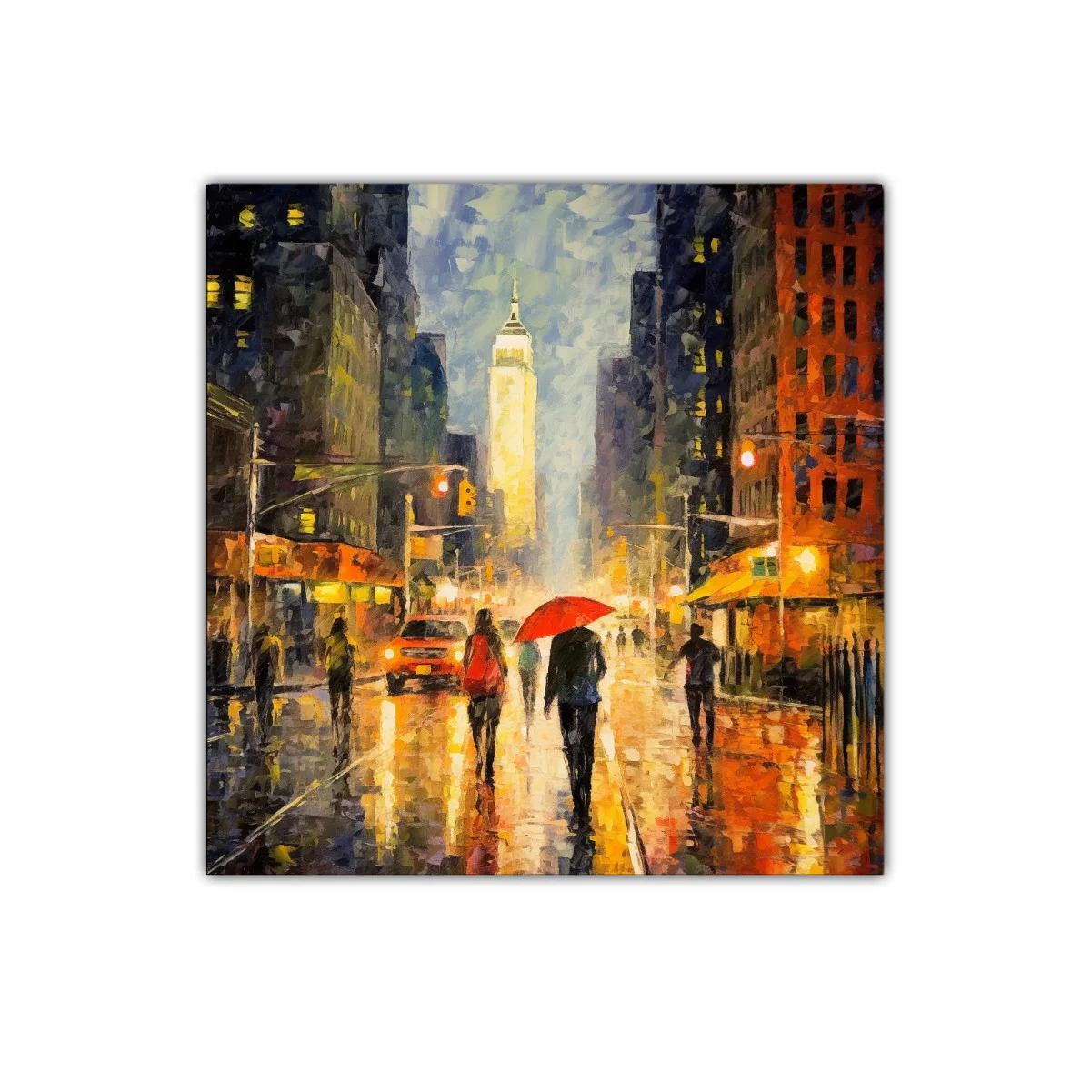 Escena urbana nocturna con paraguas rojo y luces cálidas — imagen principal