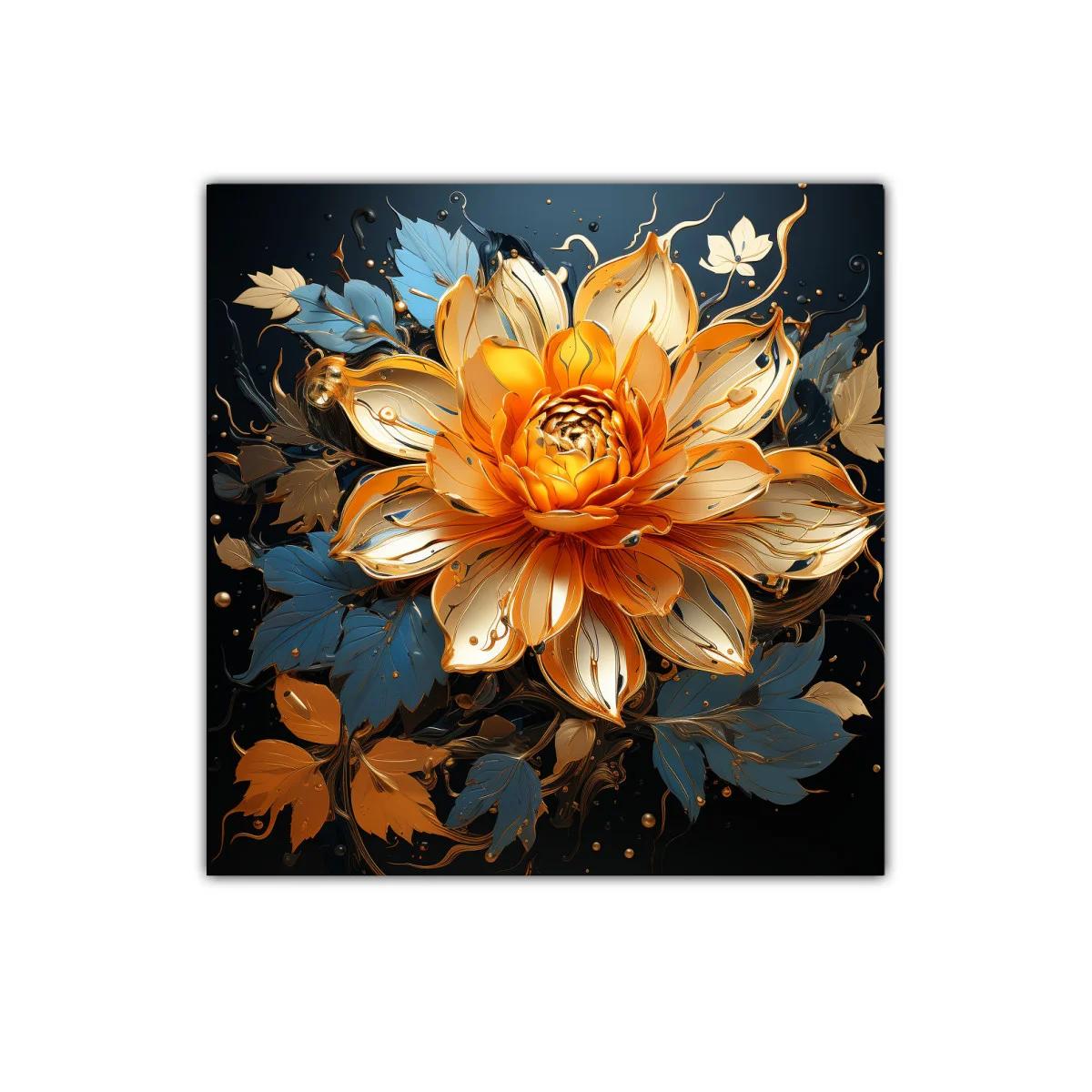 Flor vibrante con hojas en tonos dorados y azul profundo