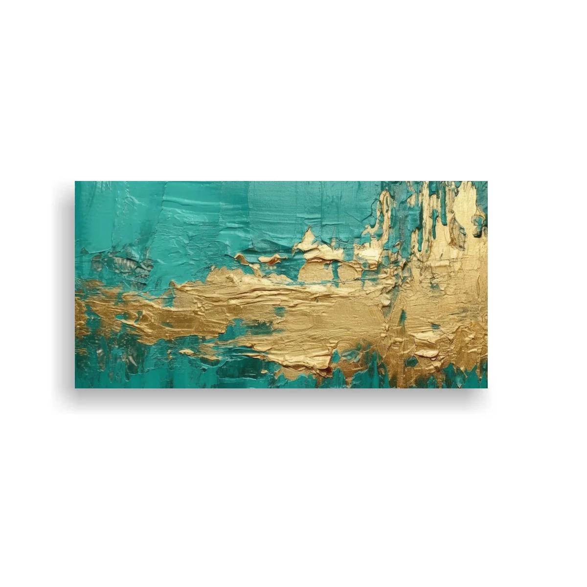 Cuadro abstracto con masa dorada y fondo turquesa