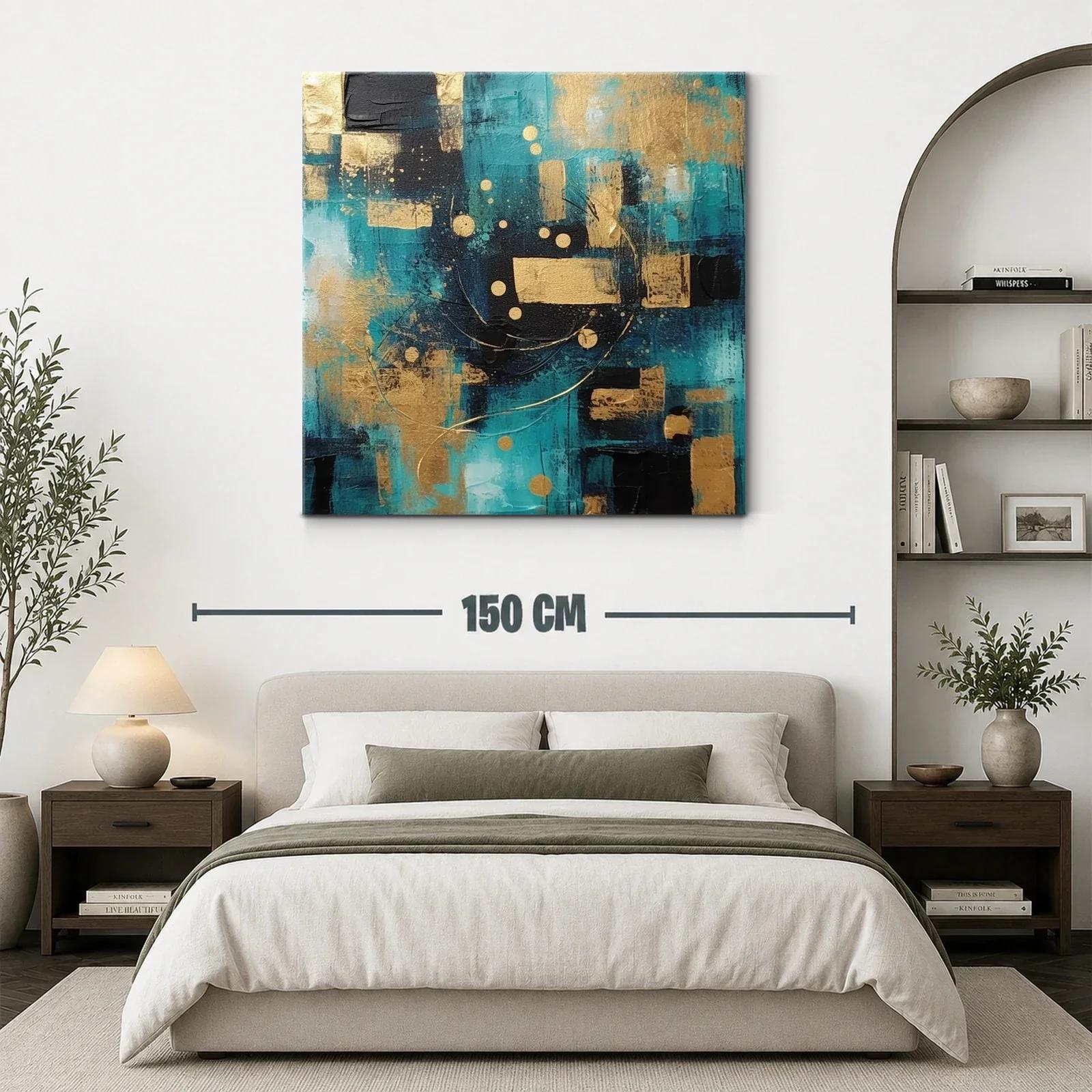 Cuadro abstracto con tonos azul turquesa y dorado — miniatura 3