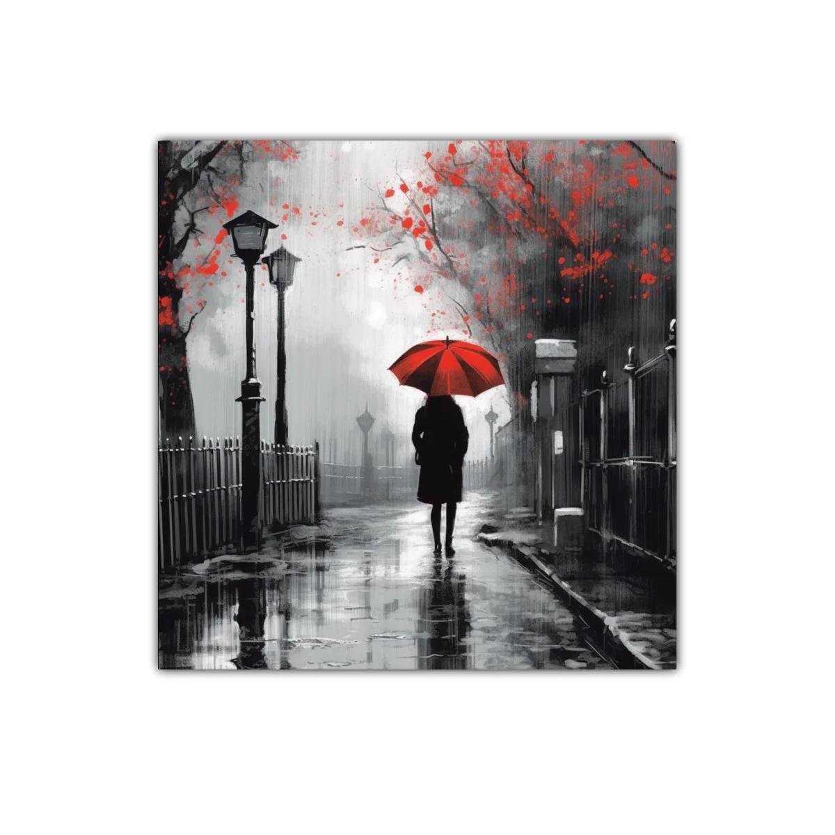 Figura solitaria bajo paraguas rojo en escena urbana lluviosa — imagen principal