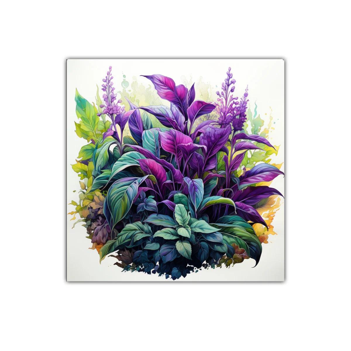 Exuberante Composición de Hojas en Tonos Violeta y Verde